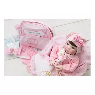 Bebe Reborn Boneca Princesa Menina Pronta + Bolsa Cor Do Cabelos Roupa Rosa Cabelo Castanho