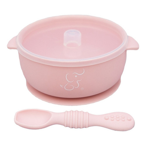 Bowl/tazón Grande Papubaby Con Tapa Y Cuchara De Silicón Color Rosa pastel Bowl con succion