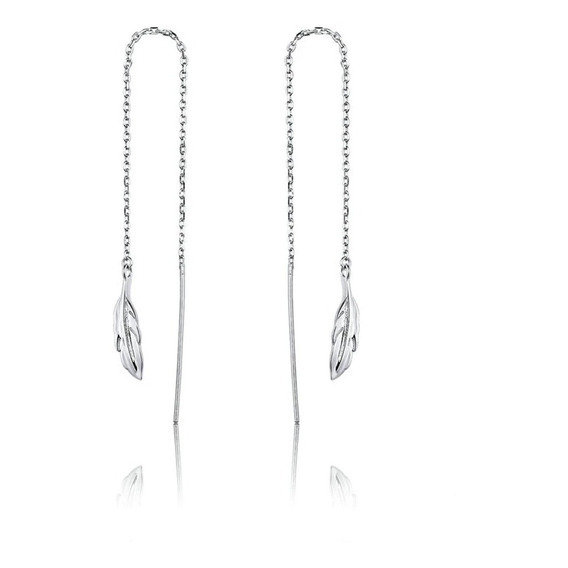 Aretes  Pendientes Largos Plata S925 Plumas Con Cadena