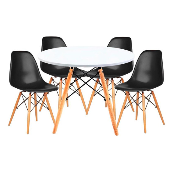 Juego Comedor Eames Mesa Redonda 80cm + 4 Sillas Eames Color Negro Diseño De La Tela De Las Sillas Liso