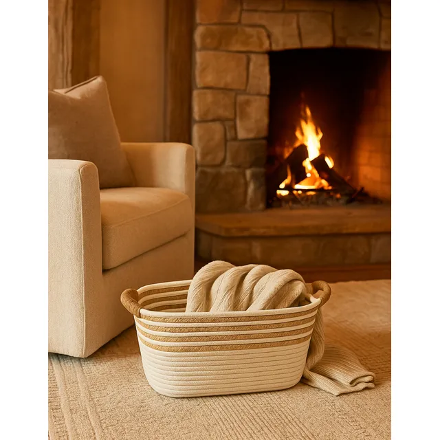 Cesto Grande Fibra Natural Alça Decorativo Casa Organizador Fibra E Algodão Branco