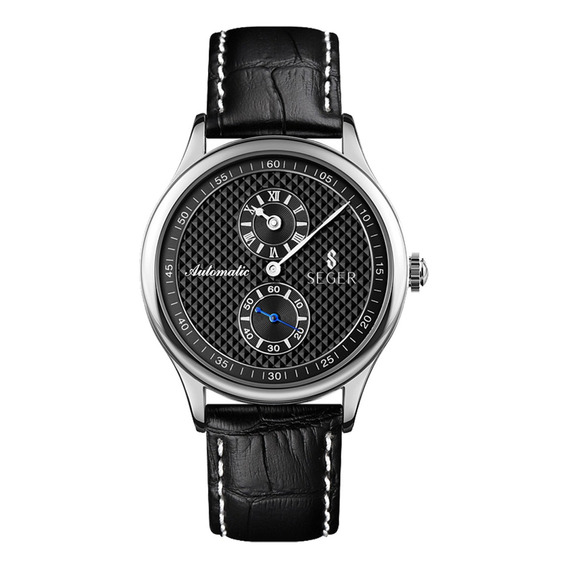 Reloj Hombre Seger 9238 Original Eeuu Cuero Elegante Malla Negro Bisel Plateado