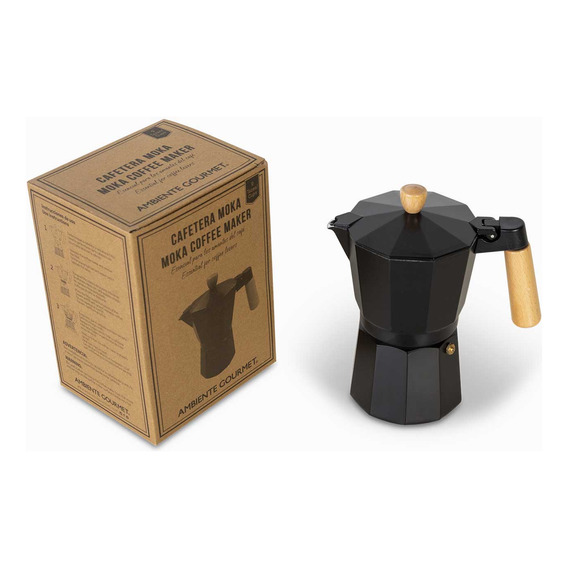 Cafetera Moka 9 Tazas Negra Mango En Madera Ambiente Gourmet