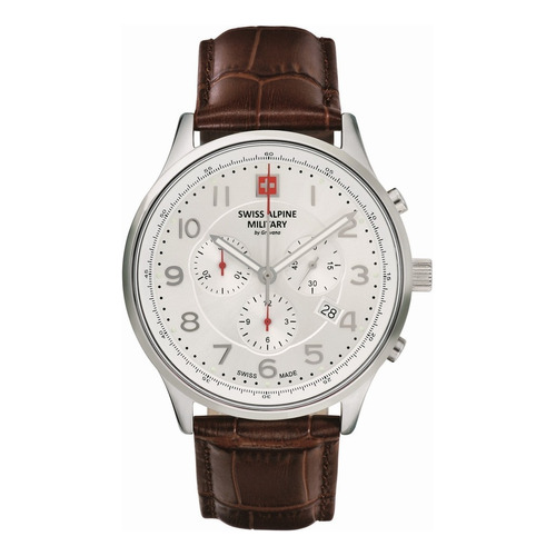Reloj Swiss Alpine Military Skymaster Chrono 7084.9532sam Malla Marrón Bisel Plateado Fondo Plateado