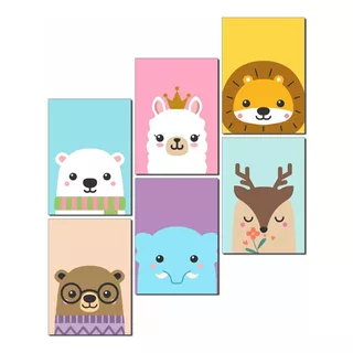 Quadrinhos Decorativos Quarto Do Bebê Animais Cores 6 Peças