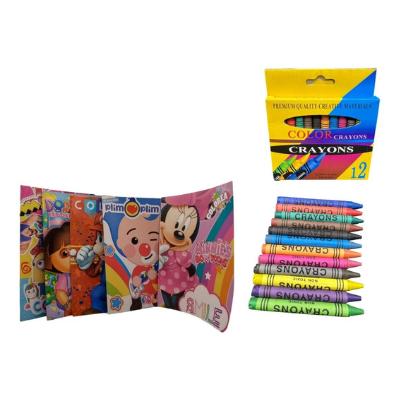 10 Libros Colorear Iluminar Dibujo + 120 Crayolas Crayones 