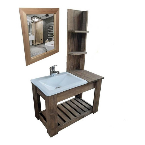 Mueble para baño DF Hogar Colgante con estantes + bacha + grifería + espejo de 70cm x 40cm x 37cm, con bacha color blanco y mueble nogal oscuro con un agujero para grifería