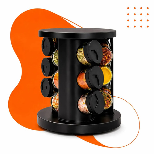 Porta Temperos Condimentos 9 Unidades Potes Vidro Base Giratória Preto Organizador Cozinha Dosador Hold On Porta Temperos Condimentos 9 Unidades Potes Vidro Base Giratória Preto Organizador Cozinha Dosador Hold On