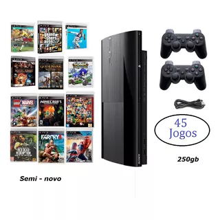 Ps3 Super Slim + 45 Jogos + 2 Controles Gta5, Fifa, Minecraft Cor Charcoal Black