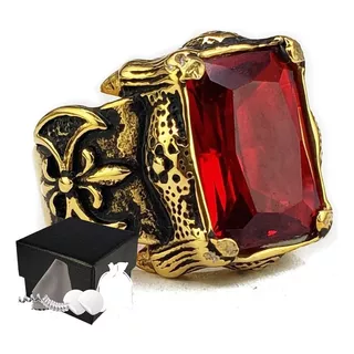 Combo Anillo Rojo Estilo Vikingo Acero Inoxidable Dorado