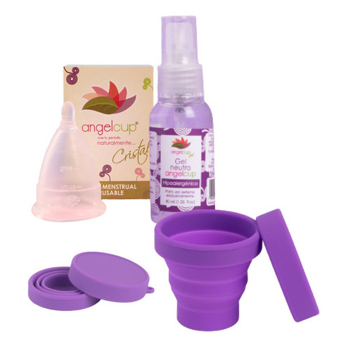 Angelcup® Copa Menstrual Cristal Gde, Vaso Y Gel  Bolsillo Cristal Grande, Vaso Lila Y Gel Bolsillo