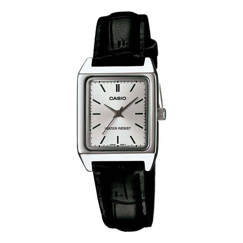 Reloj Casio Ltp-v007l-7e1udf Mujer 100% Original Correa Negro Bisel Plateado Fondo Plateado
