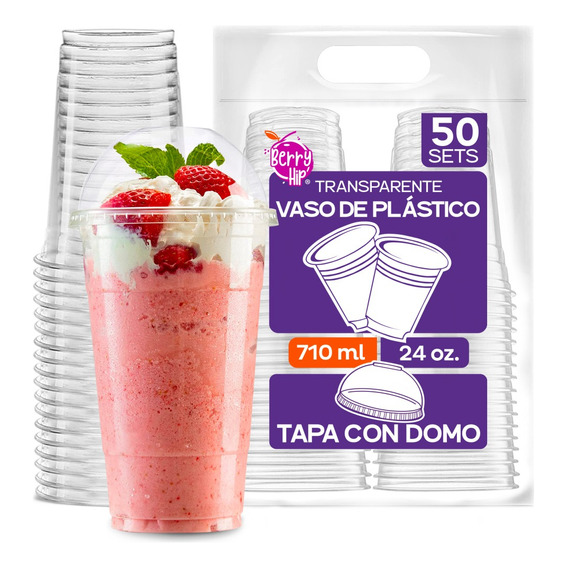 50 Vasos Desechables De Plástico Con Tapa Tipo Domo 24 Oz