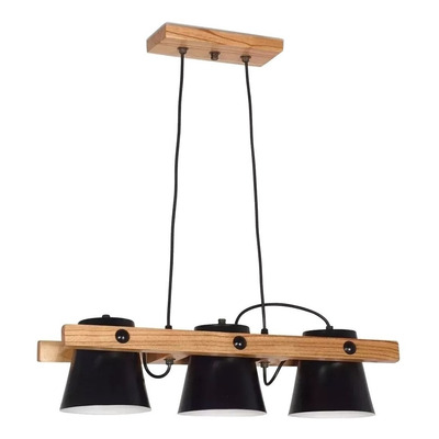 Colgante 3 Luces Madera Campana Negro Apto Led Deco Cx