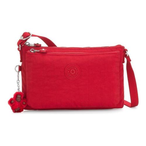 Bolsa bandolera Kipling Mikaela diseño lisa de nailon  cherry tonal con correa de hombro roja