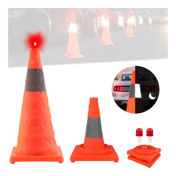 2 Cono De Seguridad Vial 70cm Con Reflejante Y Luz Plegable 