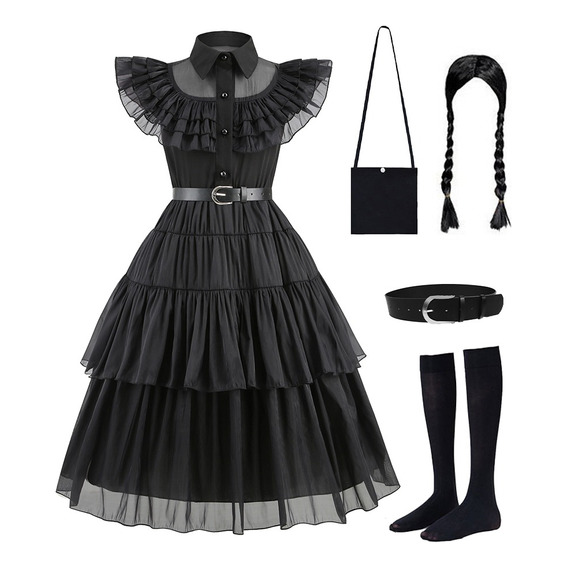 Vestido De Wednesday Merlina Addams Para Niñas,  Disfraz De Cosplay, Vestido De Fiesta De Halloween, Baile Escolar Trajes Chicas Para Mujer 4-13 Años