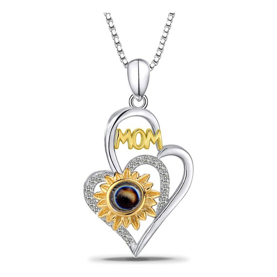 Collar Plata 925 Corazon Girasol Mamá Te Amo 100 Idiomas Mom