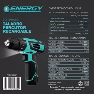 Taladro Percutor Atornillador Inalámbrico De 10mm Energy Ddi10/1/12 C1 12v 1 Batería De 1.3 Accesorio Con Caja De Cartón 220v 50hz 60hz