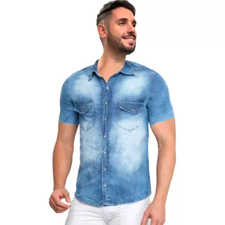 Camisa Jeans Manga Curta Leve Social Bolso Lycra Slim Fit