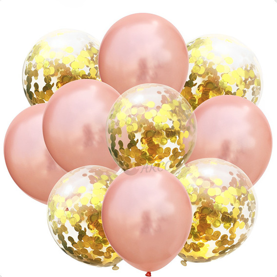 Set Decoración Globo Cromo Confetti X 10 Cotillón Rosa+oro