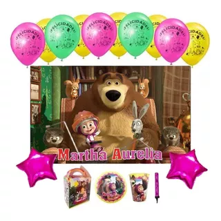 Masha Y El Oso Kit 30 Niños Platos, Vasos, Dulceros, Globos