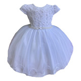 Vestido Batizado Renda C/ Aplique Perolas Branco P.m.g