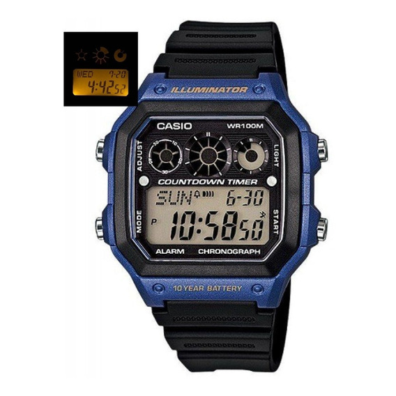 Reloj de pulsera Casio Youth AE-1300 de cuerpo color azul, digital, fondo negro, con correa de resina color negro, dial negro, subesferas color gris y negro, minutero/segundero negro, bisel color azul