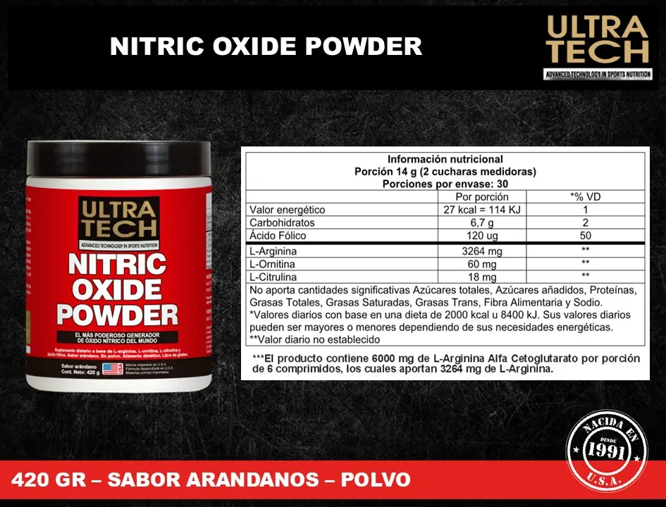 Imagen 2 de 3 de Nitric Oxide Powder X 420gr Ultra Tech -polvo Sabor Arándano Sabor Arándanos