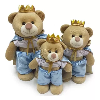 Kit Urso Principe De Pelúcia Azul Em Pé Trio Para Nicho 20, 25 E 30cm Quarto De Bebê Menino