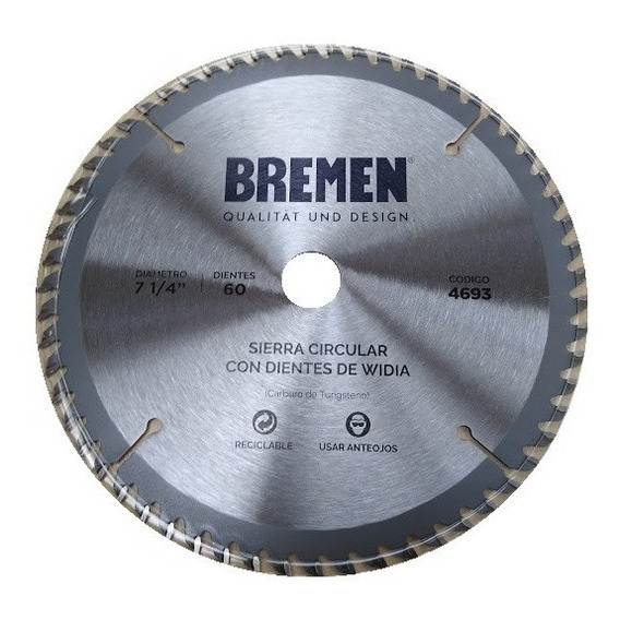 Disco Sierra Circular Bremen 184mm 7"  Mdf Melamina Madera Eje 20mm 4693