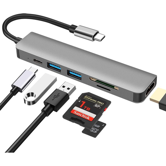 6 In 1 Usb-c-hub, Multiport Adapter Mit 4k Hdmi For Laptop