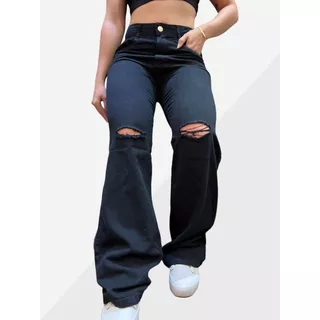 Ujeans Calça Jeans Wide Leg Preta Rasgada No Joelho