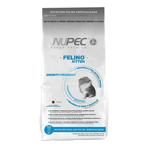 Alimento Nupec Nutrición Felina Especializada Kitten para gato de temprana edad sabor pollo, salmon y arroz en bolsa de 3kg