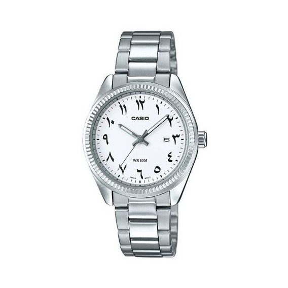Reloj pulsera Casio Reloj LTP-1302D-7B3VDF, para mujer, fondo blanco, con correa de acero inoxidable color plateado