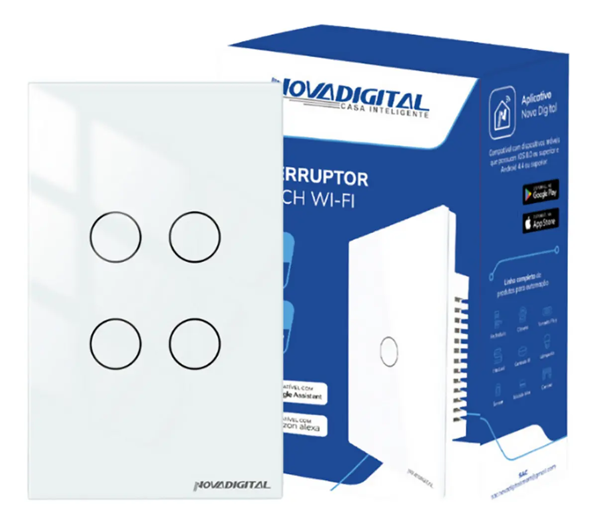 Interruptor Inteligente Wifi NovaDigital 4 Teclas Botões Touch Tuya Smart Life Alexa Google 110V 220V Bivolt Branco LITE-WS4-W