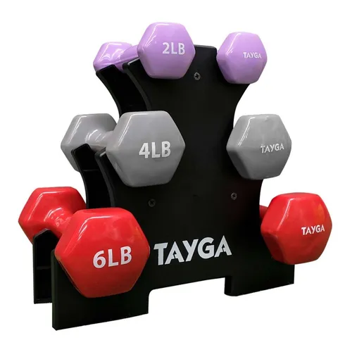 Set Pesas Mancuernas Vinil De 2 4 6 Lb Con Rack Tayga Color Negro