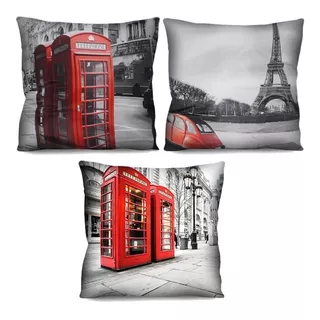 Kit 3 Capas De Almofada Decorativa Paris Torre Eiffel 42cm