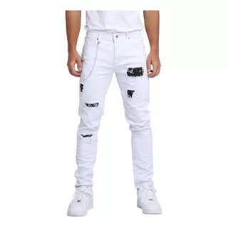 [logeqi] Pintada Vaqueros Blancos Rasgados Slim Fit