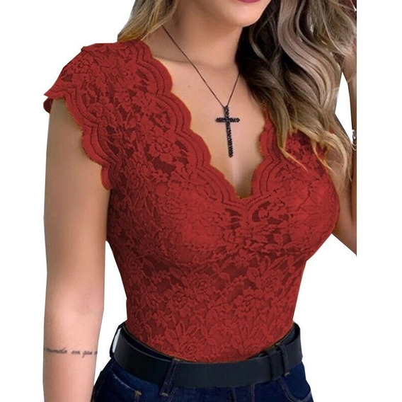 Blusa Moderna, Transparente Y Sexi De Encaje Con Escote En V