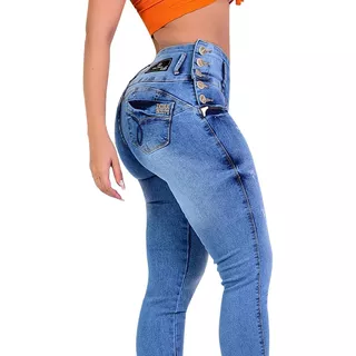 Calça Jeans Feminina Skinny Botões Levanta Bumbum C/ Lycra