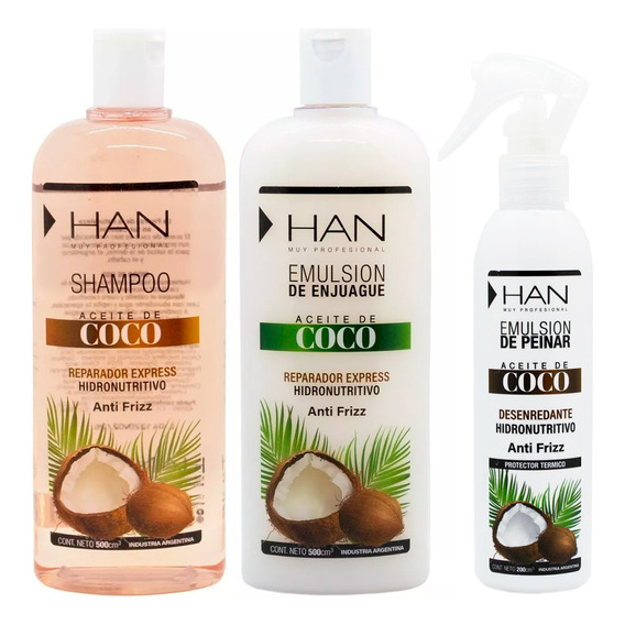 Han Coco Shampoo + Enjuague + Emulsion Reparador Anti Frizz
