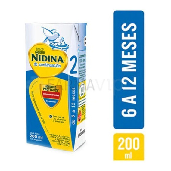 Leche de fórmula líquida sin TACC Nestlé Nidina 2 en brick de 24 de 200g - 6  a 12 meses