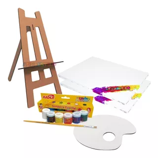 Kit De Pintura Infantil Em Tela C/ Mini Cavalete De Mesa