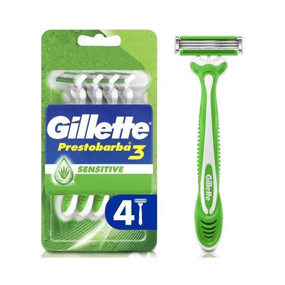 Máquina De Afeitar Gillette Prestobarba3 Sensitive, Desechable De 3 Hojas Con Banda Lubricante Con Aloe Para Piel Sensible, Cabezal Movil, 4 Unidades