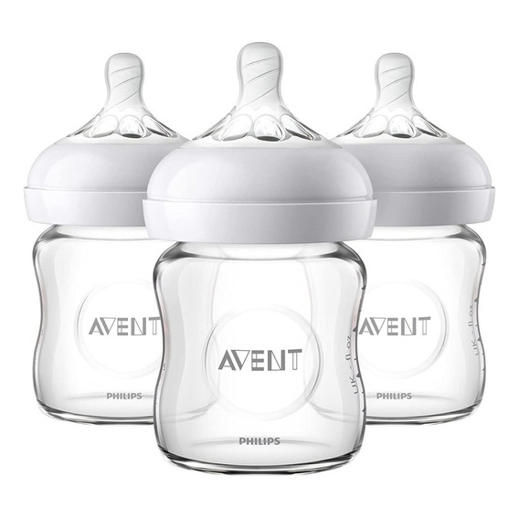 3 Biberones De Vidrio Anticólicos Avent Natural 4oz 120ml Color Transparente