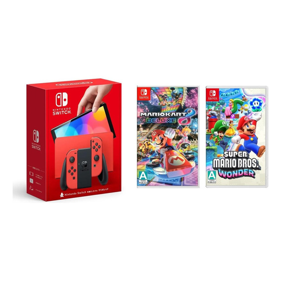 Nintendo Switch Oledred 64gb+ Mario Kart8, Mario Bros Wonder