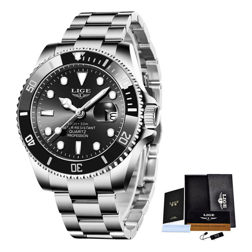 Reloj pulsera Lige LG10045 con correa de acero inoxidable color plateado - fondo negro - bisel negro/plateado