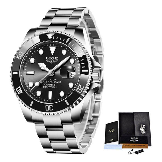 Reloj de pulsera Lige LG10045 de cuerpo color plateado, analógico, para hombre, fondo negro, con correa de acero inoxidable color plateado, agujas color plateado y blanco, dial blanco y plateado, minu