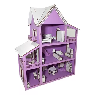 Kit Casa De Boneca + 30 Moveis Em Mdf Pintado Cor Lilás